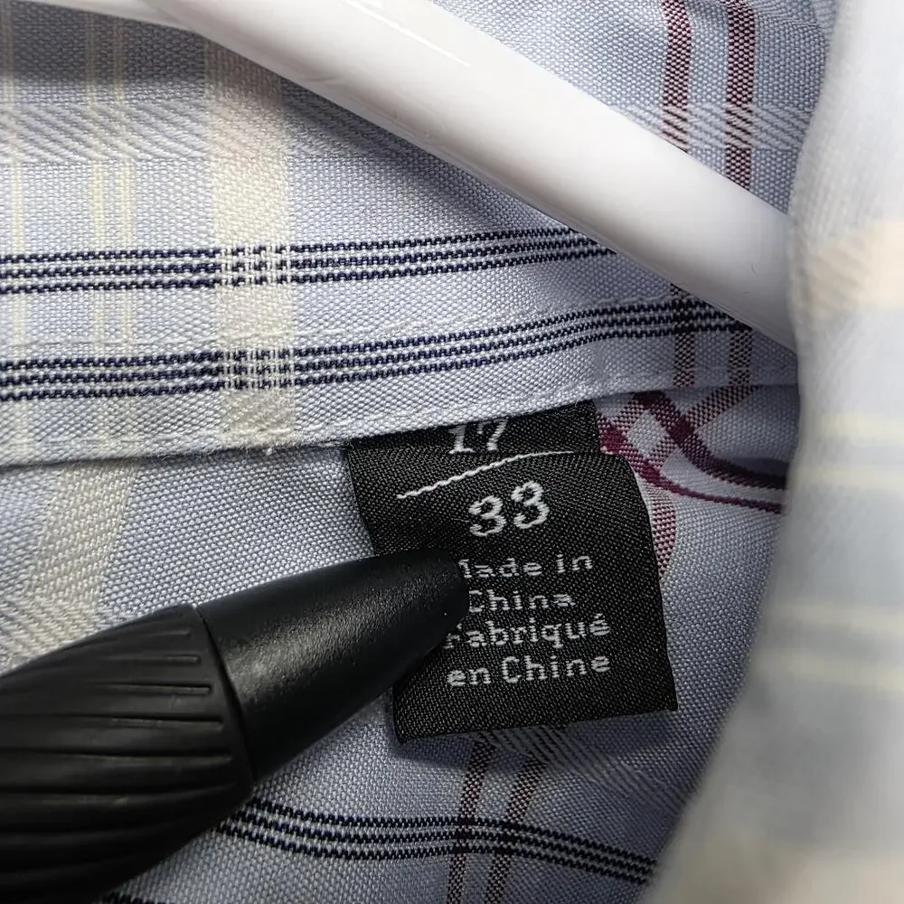 Nordstrom Mens Shop Dress Shirt Mens 17 Blue Plaid Classic Fit Point Collar